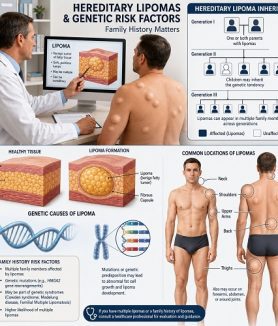 Doctor explaining hereditary lipoma and genetic risk factors to a patient with illustrations of lipoma formation and family inheritance patterns.