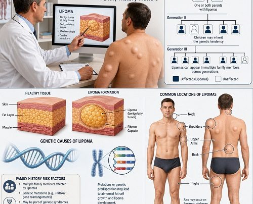 Doctor explaining hereditary lipoma and genetic risk factors to a patient with illustrations of lipoma formation and family inheritance patterns.
