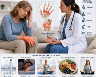 Adult experiencing arthritis fatigue while resting with hand joint discomfort and chronic fatigue symptoms.