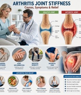 Medical illustration showing arthritis joint stiffness in the hands and knees with inflammation causing morning stiffness, pain, and reduced mobility.