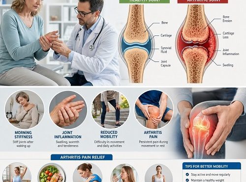 Medical illustration showing arthritis joint stiffness in the hands and knees with inflammation causing morning stiffness, pain, and reduced mobility.