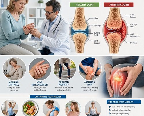 Medical illustration showing arthritis joint stiffness in the hands and knees with inflammation causing morning stiffness, pain, and reduced mobility.