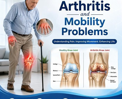 Older adult with arthritis experiencing mobility problems while walking with swollen knee and hand joints.
