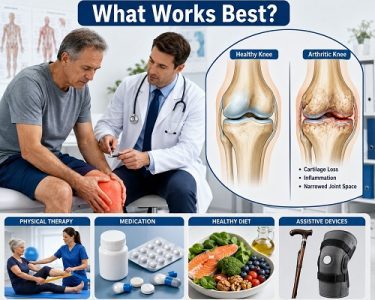 Doctor discussing arthritis treatment options with a patient experiencing knee joint pain.