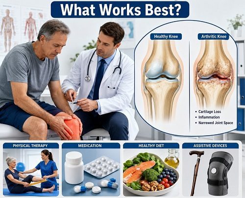 Doctor discussing arthritis treatment options with a patient experiencing knee joint pain.