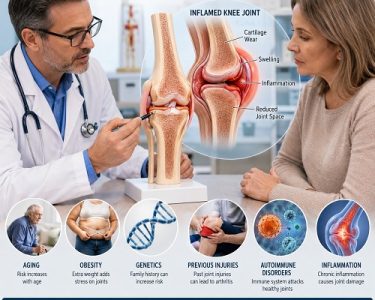Doctor explaining the causes of arthritis and joint inflammation to a patient using a knee joint model.
