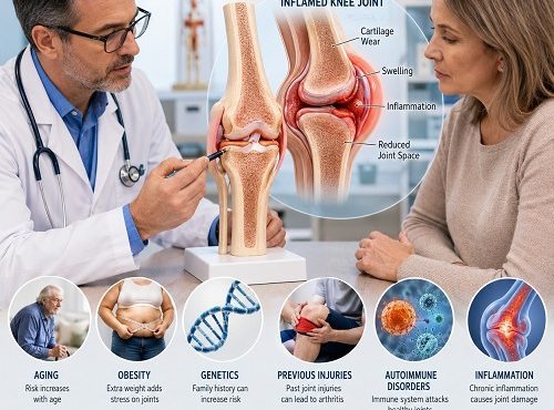Doctor explaining the causes of arthritis and joint inflammation to a patient using a knee joint model.