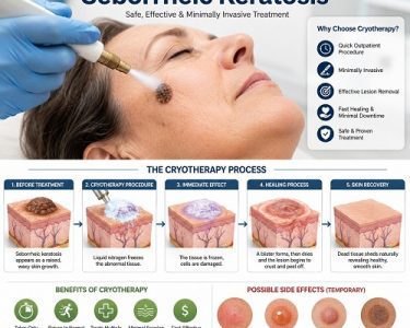 Cryotherapy treatment for seborrheic keratosis showing liquid nitrogen application and skin healing stages.