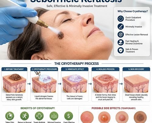 Cryotherapy treatment for seborrheic keratosis showing liquid nitrogen application and skin healing stages.