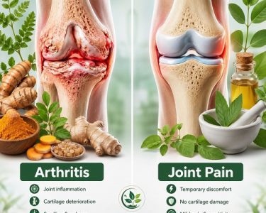 Doctor explaining the difference between arthritis and joint pain using a joint model during a patient consultation.