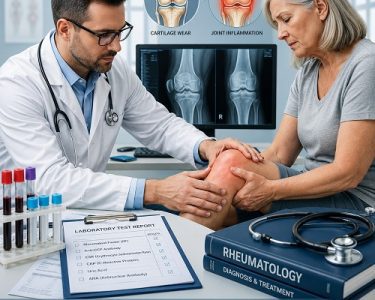 Doctor performing arthritis diagnosis by examining a patient's painful knee joint during a medical consultation