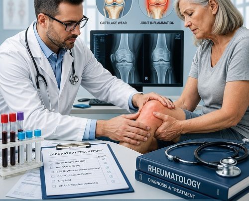 Doctor performing arthritis diagnosis by examining a patient's painful knee joint during a medical consultation