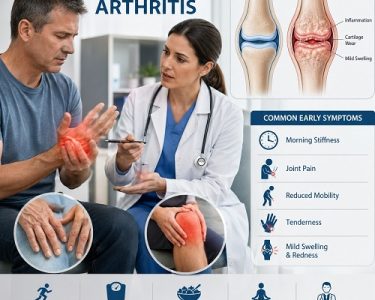 Healthcare professional explaining the early signs of arthritis to a patient with a detailed joint model showing inflammation and stiffness.