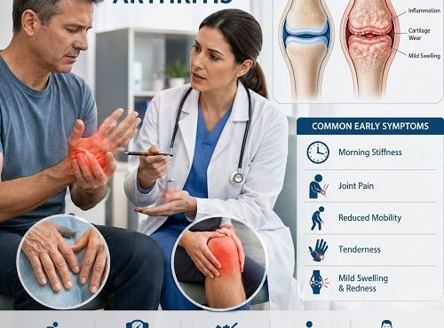 Healthcare professional explaining the early signs of arthritis to a patient with a detailed joint model showing inflammation and stiffness.