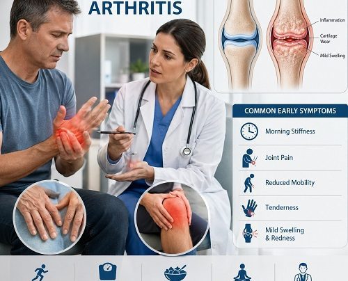 Healthcare professional explaining the early signs of arthritis to a patient with a detailed joint model showing inflammation and stiffness.