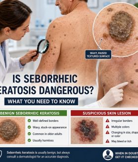 Dermatologist examining seborrheic keratosis growth on a patient's skin in a medical clinic