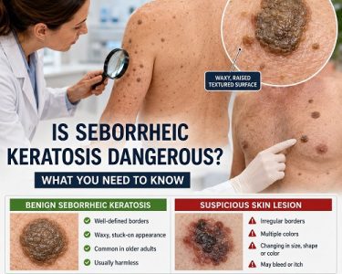 Dermatologist examining seborrheic keratosis growth on a patient's skin in a medical clinic