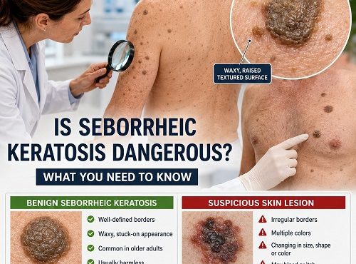 Dermatologist examining seborrheic keratosis growth on a patient's skin in a medical clinic