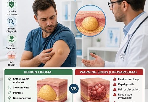 Is lipoma dangerous or cancerous comparison showing a benign lipoma under the skin and medical evaluation by a healthcare professional