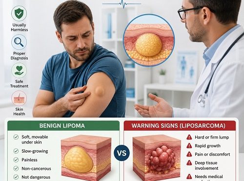 Is lipoma dangerous or cancerous comparison showing a benign lipoma under the skin and medical evaluation by a healthcare professional