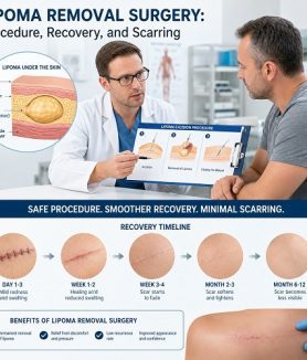 Doctor performing lipoma removal surgery on a patient's arm in a clinical setting
