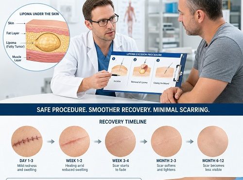 Doctor performing lipoma removal surgery on a patient's arm in a clinical setting