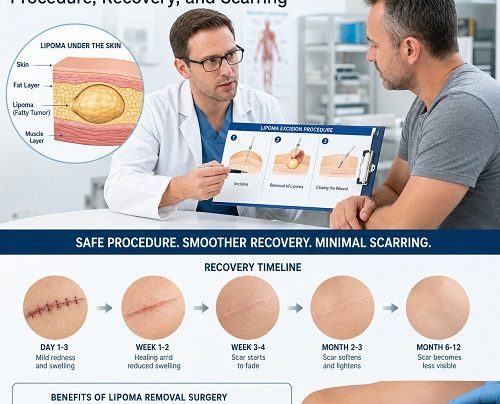 Doctor performing lipoma removal surgery on a patient's arm in a clinical setting