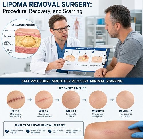 Doctor performing lipoma removal surgery on a patient's arm in a clinical setting