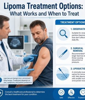 Doctor explaining lipoma treatment options to a patient with a benign fatty lump under the skin