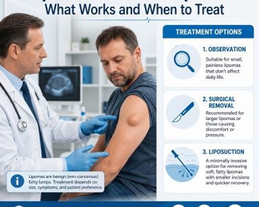 Doctor explaining lipoma treatment options to a patient with a benign fatty lump under the skin