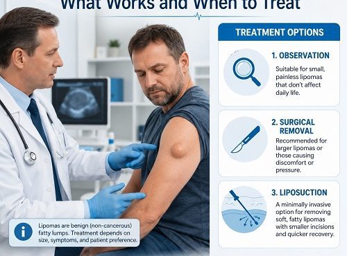 Doctor explaining lipoma treatment options to a patient with a benign fatty lump under the skin