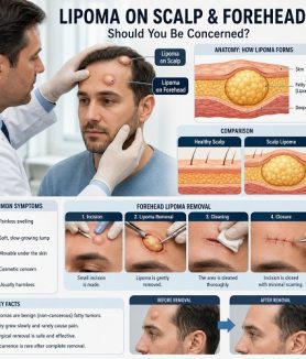 Doctor examining a lipoma on the scalp and forehead while explaining treatment and forehead lipoma removal options.