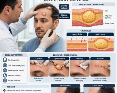 Doctor examining a lipoma on the scalp and forehead while explaining treatment and forehead lipoma removal options.