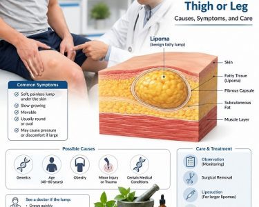 Doctor examining a soft lipoma on a patient's thigh with an anatomical illustration of a benign fatty lump in the leg.