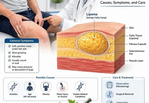 Doctor examining a soft lipoma on a patient's thigh with an anatomical illustration of a benign fatty lump in the leg.