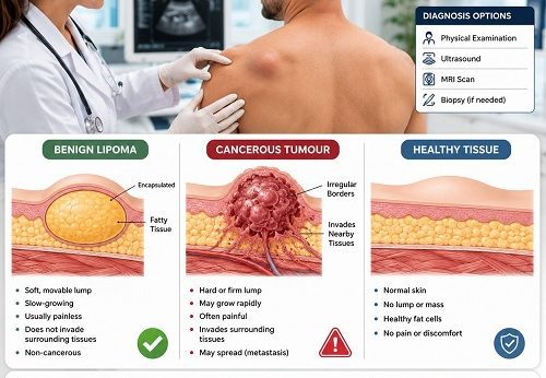 Doctor examining a patient with lipoma and tumour comparison showing benign fatty lump under the skin and cancerous tissue differences.