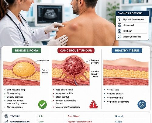 Doctor examining a patient with lipoma and tumour comparison showing benign fatty lump under the skin and cancerous tissue differences.