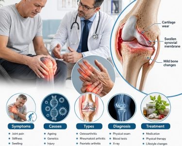 Medical illustration showing inflamed knee and hand joints with labels explaining arthritis symptoms, causes, diagnosis, types, and treatment.