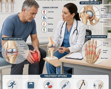 Healthcare professional explaining osteoarthritis symptoms and treatment while showing a detailed knee joint degeneration illustration to a patient.