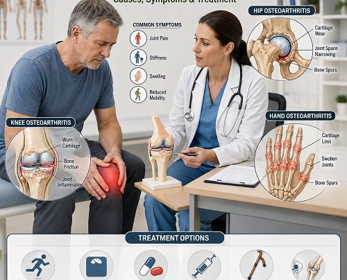 Healthcare professional explaining osteoarthritis symptoms and treatment while showing a detailed knee joint degeneration illustration to a patient.
