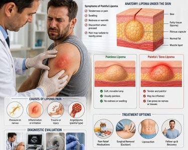 Doctor examining a painful lipoma on a patient's arm showing symptoms of lipoma pain and inflammation.