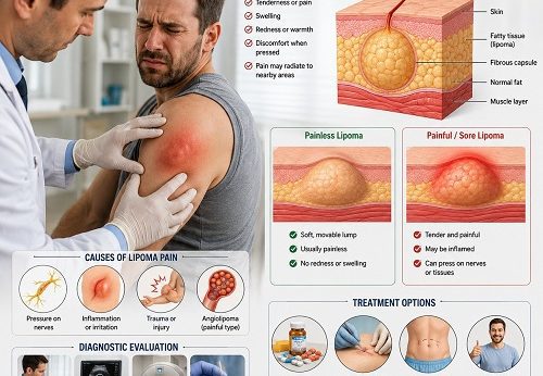 Doctor examining a painful lipoma on a patient's arm showing symptoms of lipoma pain and inflammation.