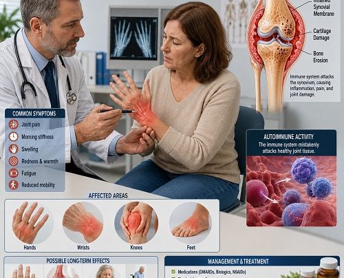 Healthcare professional explaining Rheumatoid Arthritis to a patient with detailed illustrations of inflamed joints and autoimmune arthritis progression