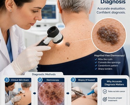 Dermatologist performing a seborrheic keratosis diagnosis using dermoscopy to examine a benign skin growth