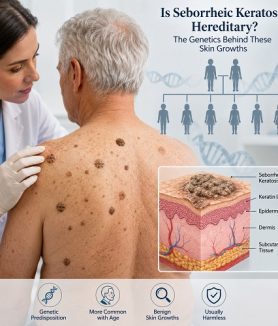 Close-up illustration showing multiple seborrhoeic keratosis skin growths with a family tree representing hereditary genetic risk.