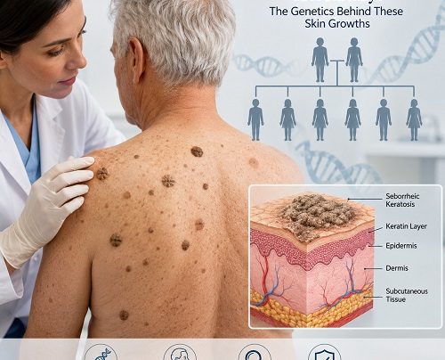 Close-up illustration showing multiple seborrhoeic keratosis skin growths with a family tree representing hereditary genetic risk.
