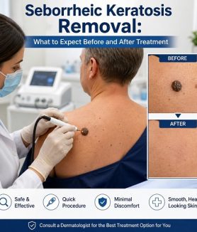 Dermatologist performing seborrheic keratosis removal on a patient's shoulder during a skin treatment consultation.