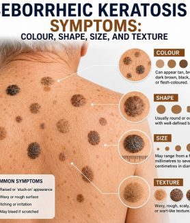 Close-up of seborrheic keratosis symptoms showing brown, waxy, raised skin growths with different colours, sizes, and textures on an elderly person's upper back.