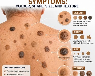 Close-up of seborrheic keratosis symptoms showing brown, waxy, raised skin growths with different colours, sizes, and textures on an elderly person's upper back.