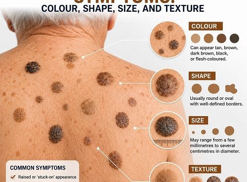Close-up of seborrheic keratosis symptoms showing brown, waxy, raised skin growths with different colours, sizes, and textures on an elderly person's upper back.